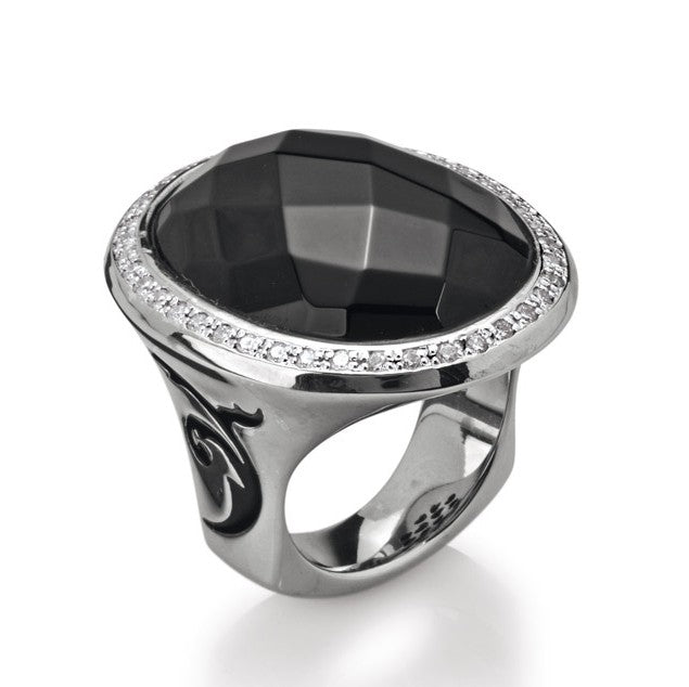Mac Beth XXL Ring aus Silber mit schwarzem Achat Zirkoniapav e und Brandlack