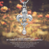 F´lys großer Lilien Anhänger aus Silber mit schwarzem Zirkoniapavée und Süßwasserperle