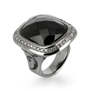 Mac Beth  Ring aus Silber geschwärzt mit schwarzem Achat und weißem Zirkoniapavée