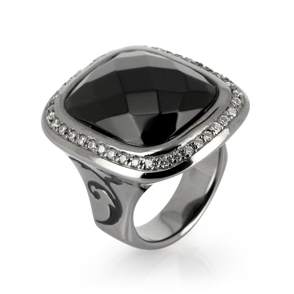 Mac Beth  Ring aus Silber geschwärzt mit schwarzem Achat und weißem Zirkoniapavée