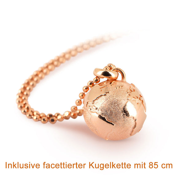 Weltenbummler Weltkugel Anhänger aus Silber rotgoldplattiert mit facettierter rotgoldplattierter Kugelkette 85 cm