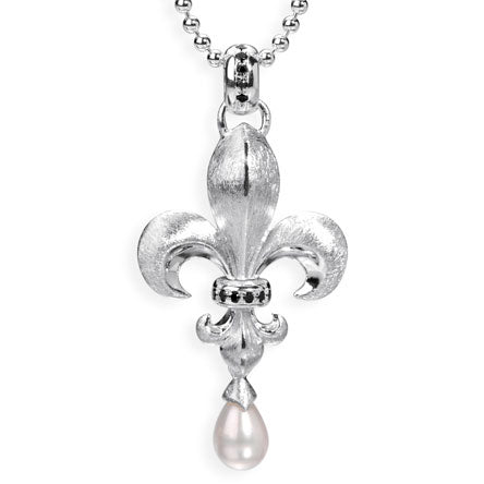 F´lys großer Lilien Anhänger aus Silber mit schwarzem Zirkoniapavée und Süßwasserperle
