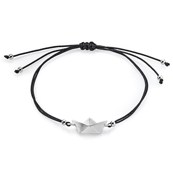 Loveboat Baumwoll Armband schwarz mit Schiffchen aus Silber