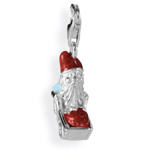 Märchen Charm Gartenzwerg mit Schubkarre aus Silber Brandlack und Karabiner