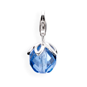 Ball Charm Blüte aus Silber mit blauem Kristallglas und Karabiner