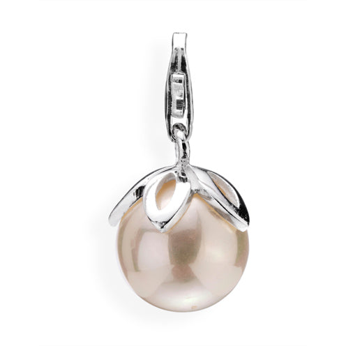 Ball Charm Blüte aus Silber mit weißer Muschelkernperle und Karabiner