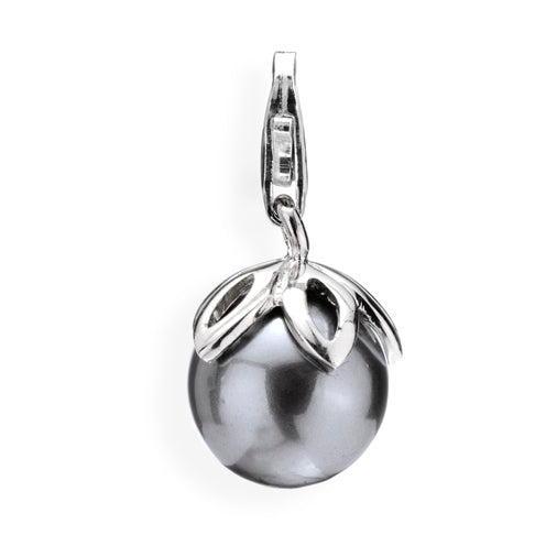 Ball Charm Blüte aus Silber mit grauer Muschelkernperle und Karabiner