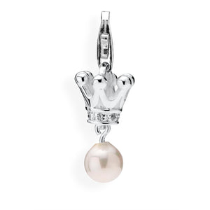 Crown of my Heart Charm Krone aus Silber mit weißer Muschelkernperle Zirkoniapavée und Karabiner