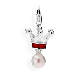 Crown of my Heart Charm Krone aus Silber mit Brandlack weißer Muschelkernperle und Karabiner