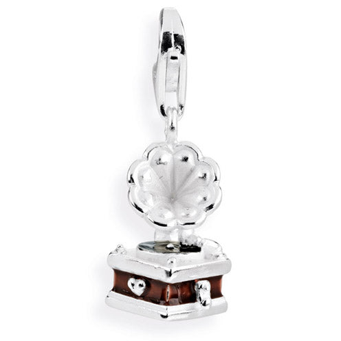 Music Charm Grammophon aus Silber mit Brandlack und Karabiner