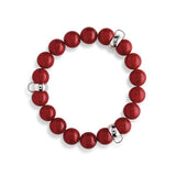 Charmarmband mit 3 Einhängern für Charms aus Silber. Muschelkernperle rot. Länge 19cm.