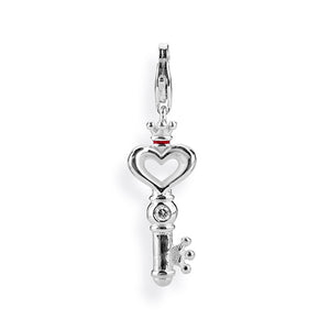 Key to my Heart, Maxi Charm Schlüssel aus Silber mit Herz, Krone, Brandlack, Zirkonia & Karabiner.