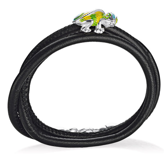 Chameleon Lederarmband schwarz mit Chameleon aus Silber Brandlack und Karabiner