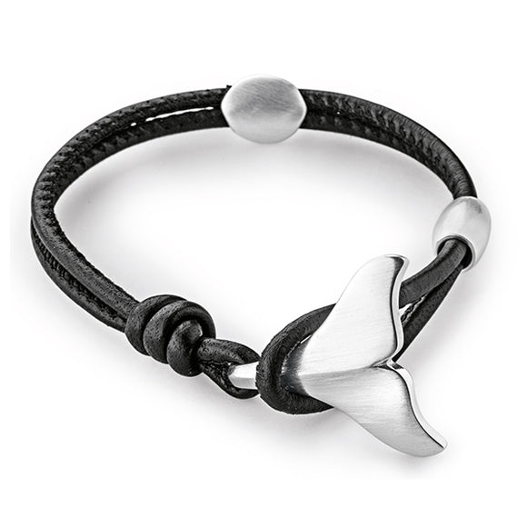 Delfin schwarzes Lederarmband mit Delfinflosse aus Silber und Knebelverschluss