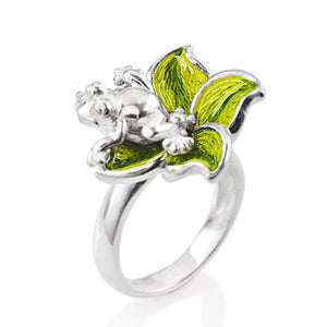 Green Froggy großer Blüten Ring aus Silber mit Frosch und Brandlack