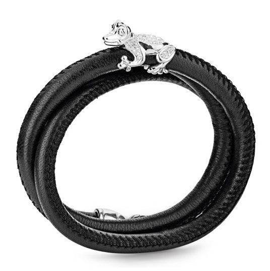 Froggy Lederarmband schwarz mit Frosch aus Silber weißem Zirkoniapavée und Karabiner