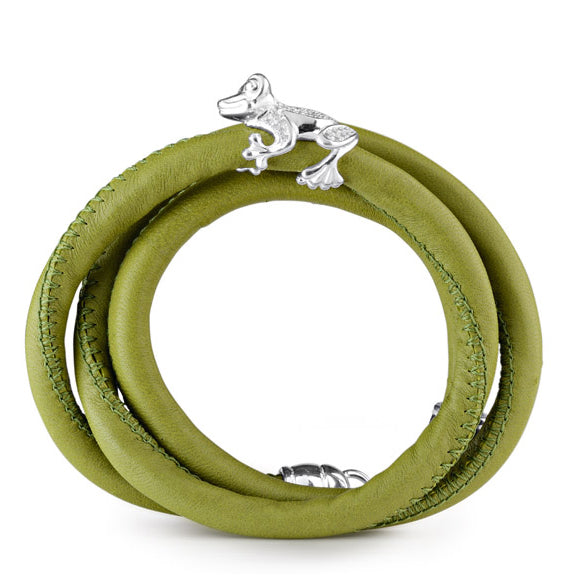 Froggy Lederarmband grün mit Frosch aus Silber weißem Zirkoniapavée und Karabiner