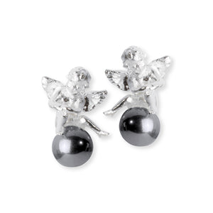 Pearl of Angels sitzender Engel Ohrstecker aus Silber mit grauer Muschelkernperle