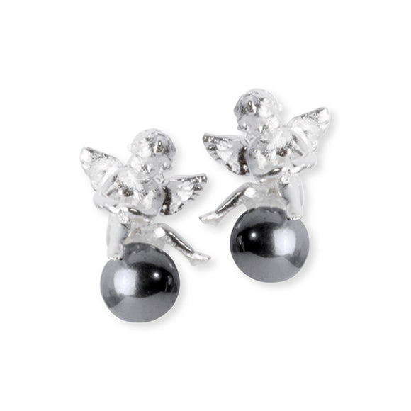 Pearl of Angels sitzender Engel Ohrstecker aus Silber mit grauer Muschelkernperle