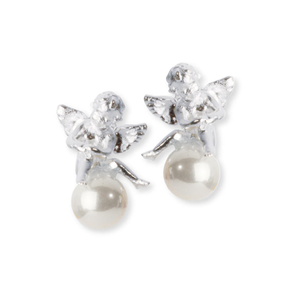 Pearl of Angels sitzender Engel Ohrstecker aus Silber mit weißer Muschelkernperle