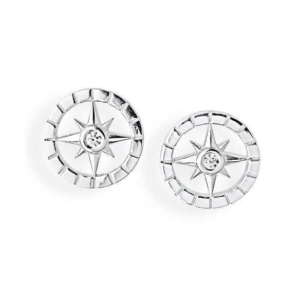 Windrose runde Ohrstecker aus Silber rhodiniert mit Zirkonia