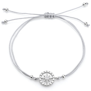 Windrose Baumwoll Armband grau mit Windrose aus Silber rhodiniert und Zirkonia